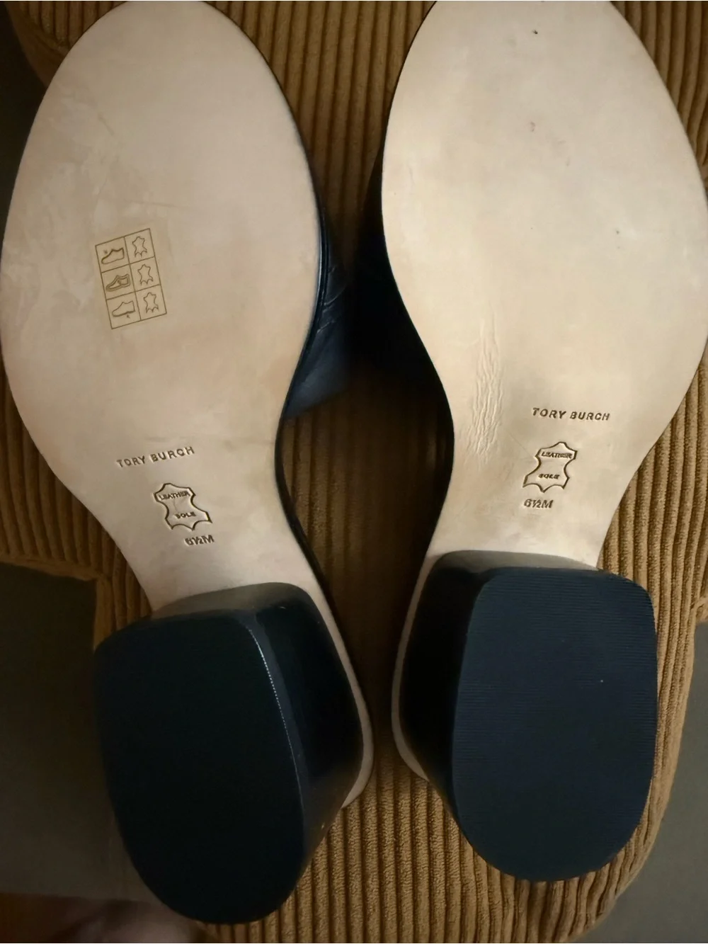Tory Burch Black Leather Slide Mules with Gold Logo Emblem